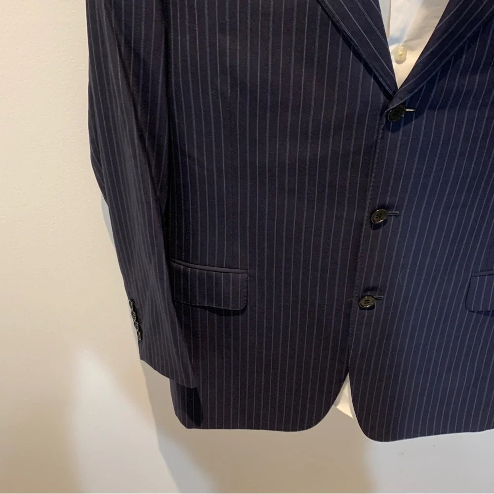 Italian Canali Mens Three Button Notched Blazer Jacket navy Pinstriped Wool Sz44